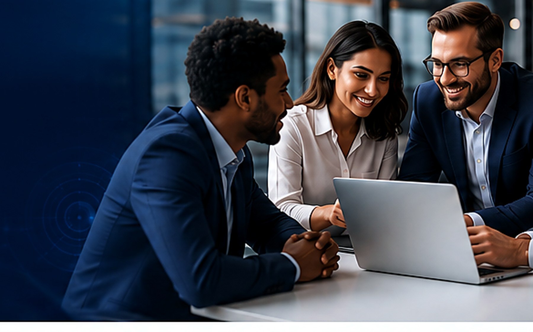 AI-generated illustration of business professionals reviewing a laptop together.